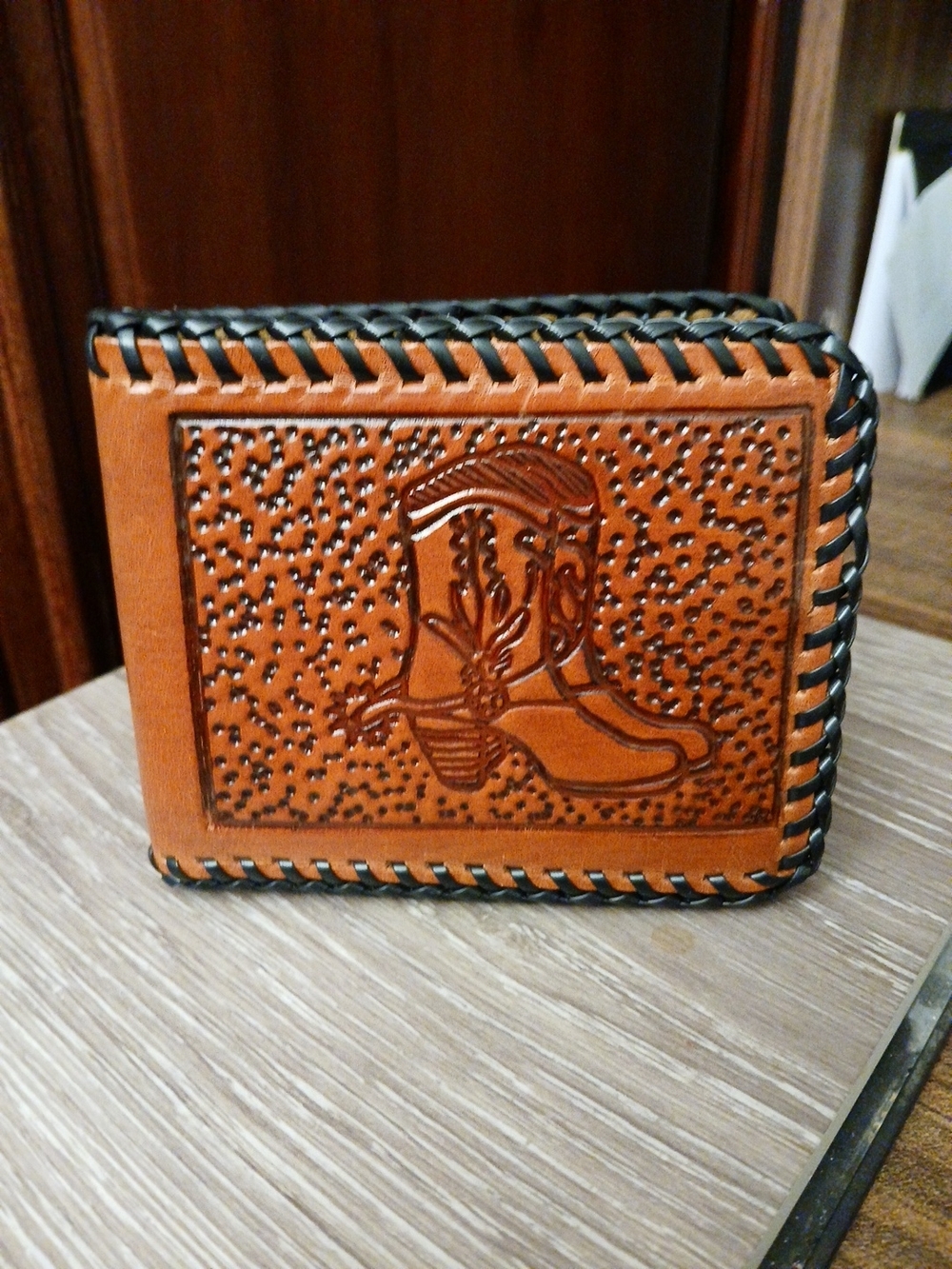 Tooled Leather Bifold Wallet with Western Boot Design - Brown & Black
